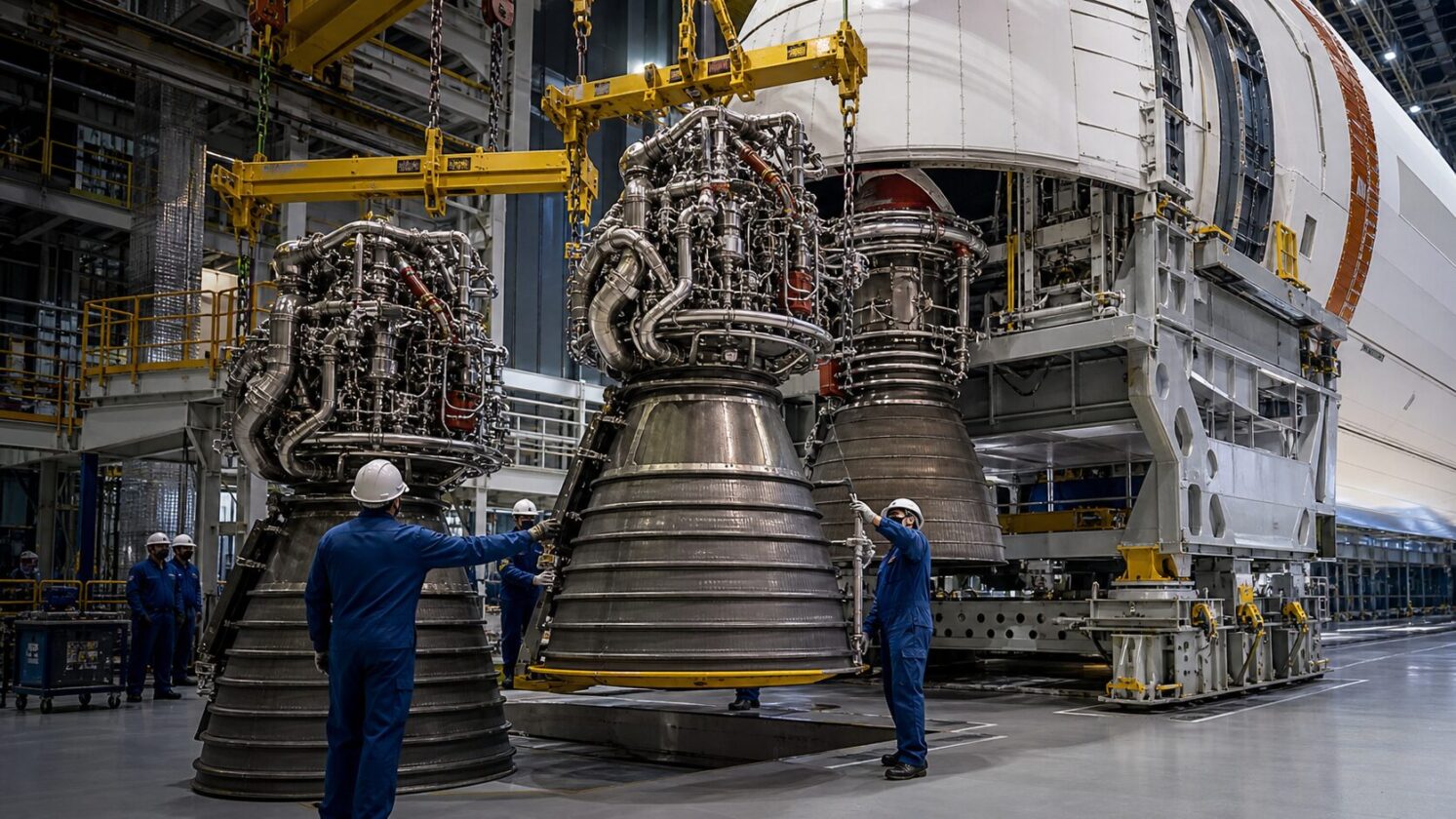 Imagem editorial para a matéria: NASA começa a instalar motores RS-25 no foguete da Artemis III