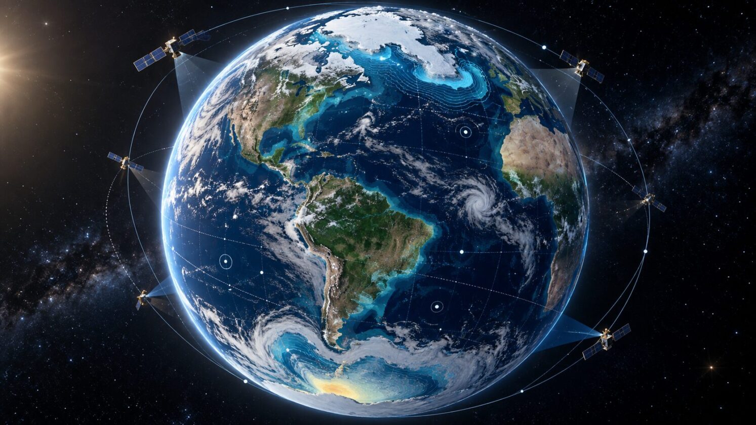 Imagem editorial para a matéria: NASA mede deslocamentos no centro de massa da Terra causados por água e gelo