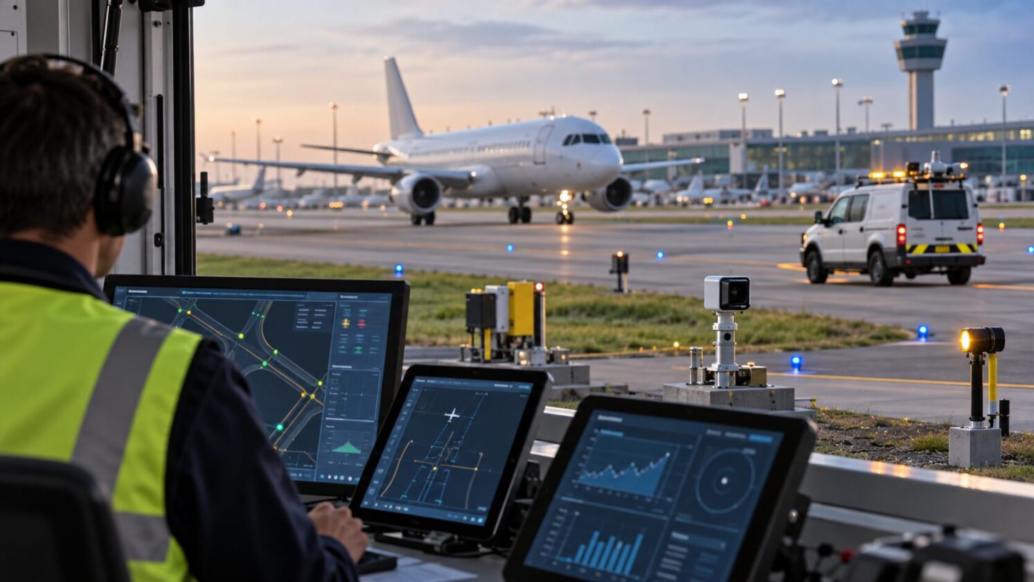 Imagem editorial para a matéria: NASA testa tecnologias para modernizar operações em aeroportos comerciais