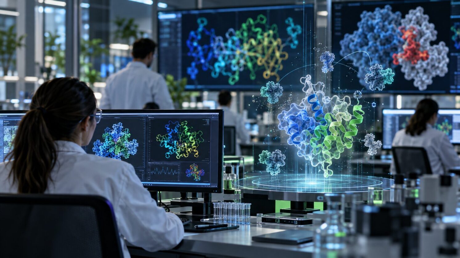 Imagem editorial para a matéria: NVIDIA libera base aberta com estruturas de proteínas de mais de 2.800 vírus