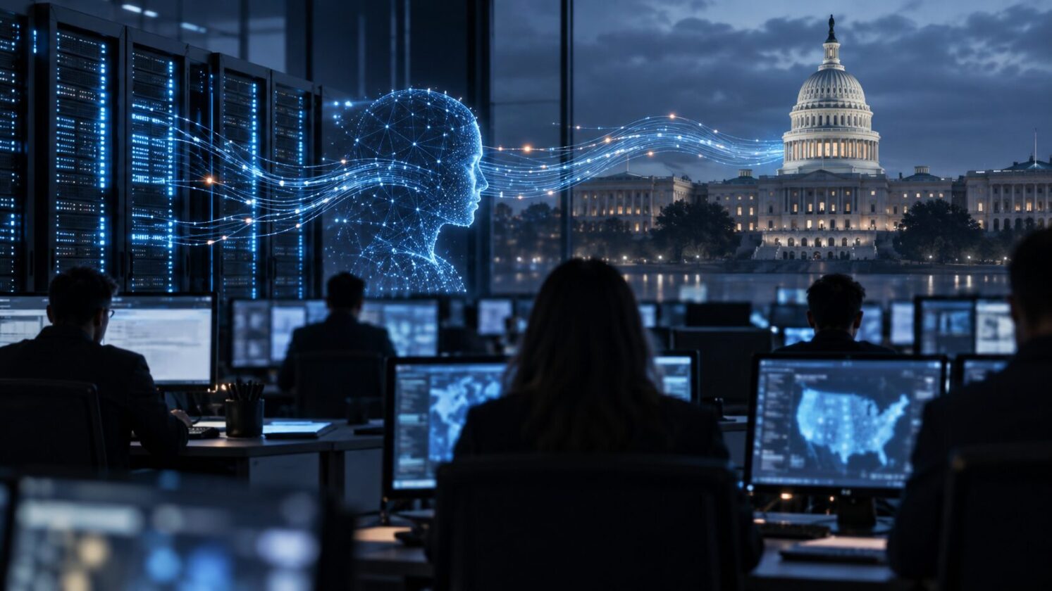 Imagem editorial para a matéria: OpenAI investiga agentes de IA que teriam acessado sites do governo dos EUA