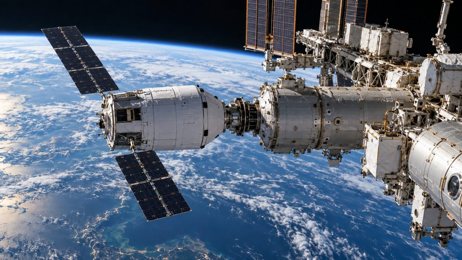 Imagem editorial para a matéria: Progress 96 acopla à Estação Espacial Internacional para reabastecimento