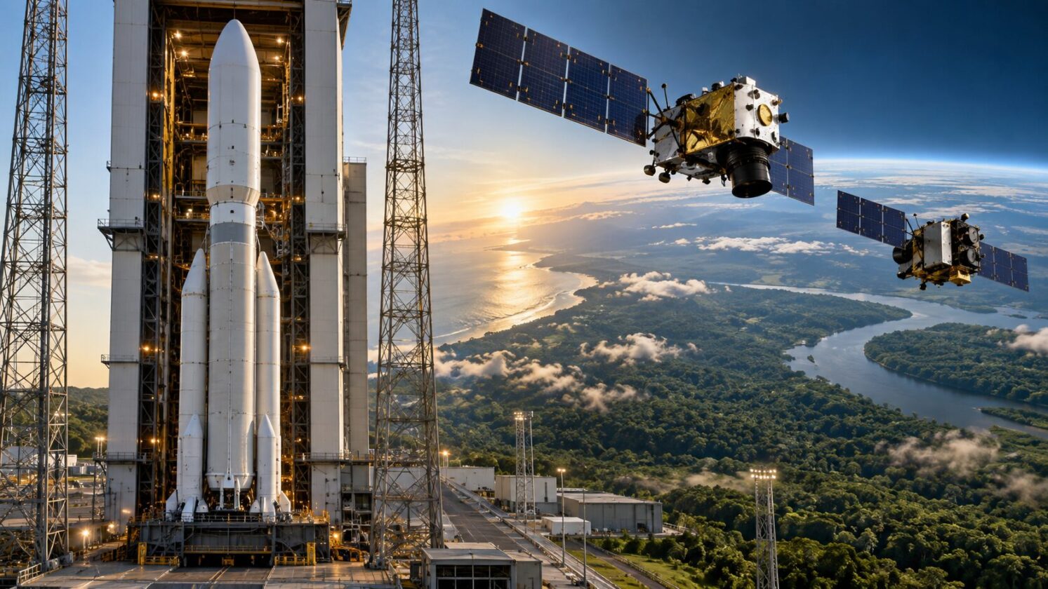 Imagem editorial para a matéria: Satélites FLEX e Sentinel-3C, da ESA, ficam prontos para lançamento no Vega-C