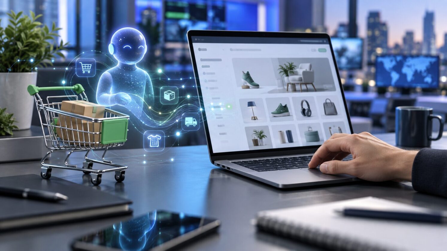 Imagem editorial para a matéria: Shopify documenta ferramentas para agentes de IA atuarem em carrinho e checkout