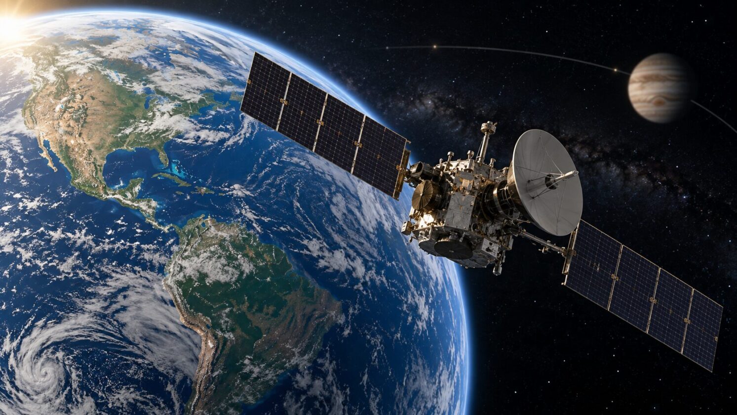 Imagem editorial para a matéria: Sonda Juice, da ESA, fará sobrevoo da Terra em 28 de setembro