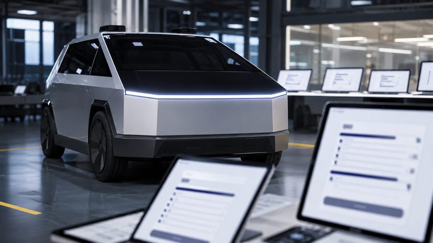 Imagem editorial para a matéria: Tesla abre formulário para interessados em comprar e operar frotas de Cybercab