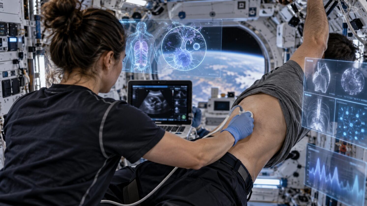 Imagem editorial para a matéria: Tripulação da ISS testa ultrassom com realidade aumentada e inteligência artificial