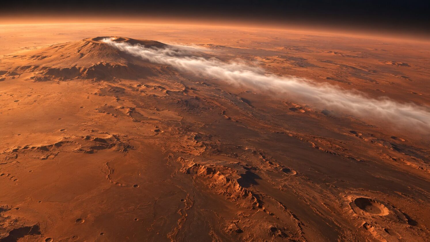 Imagem editorial para a matéria: ESA aponta física atmosférica incomum em nuvem recorrente de Marte