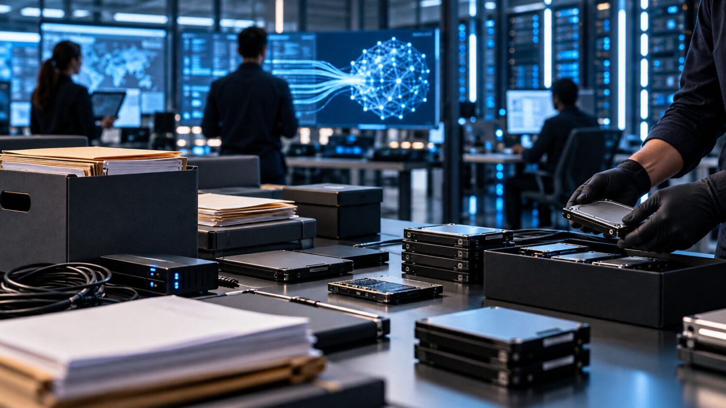 Imagem editorial para a matéria: Laboratórios de IA compram dados de startups encerradas para treinar modelos