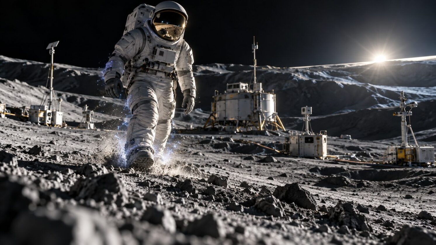 Imagem editorial para a matéria: lança desafio para reduzir riscos elétricos em trajes no Polo Sul lunar