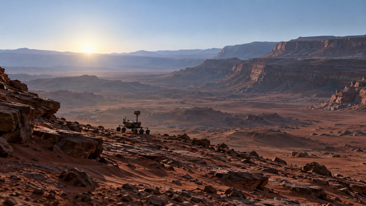 Imagem editorial para a matéria: NASA divulga panorama do Curiosity com amanhecer em Marte