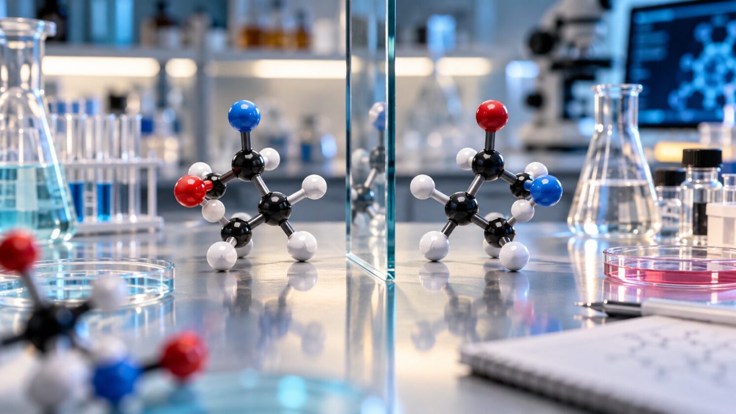 Imagem editorial para a matéria: Nobel de Química de 2026 premia trabalhos sobre moléculas espelhadas e assimetria da vida