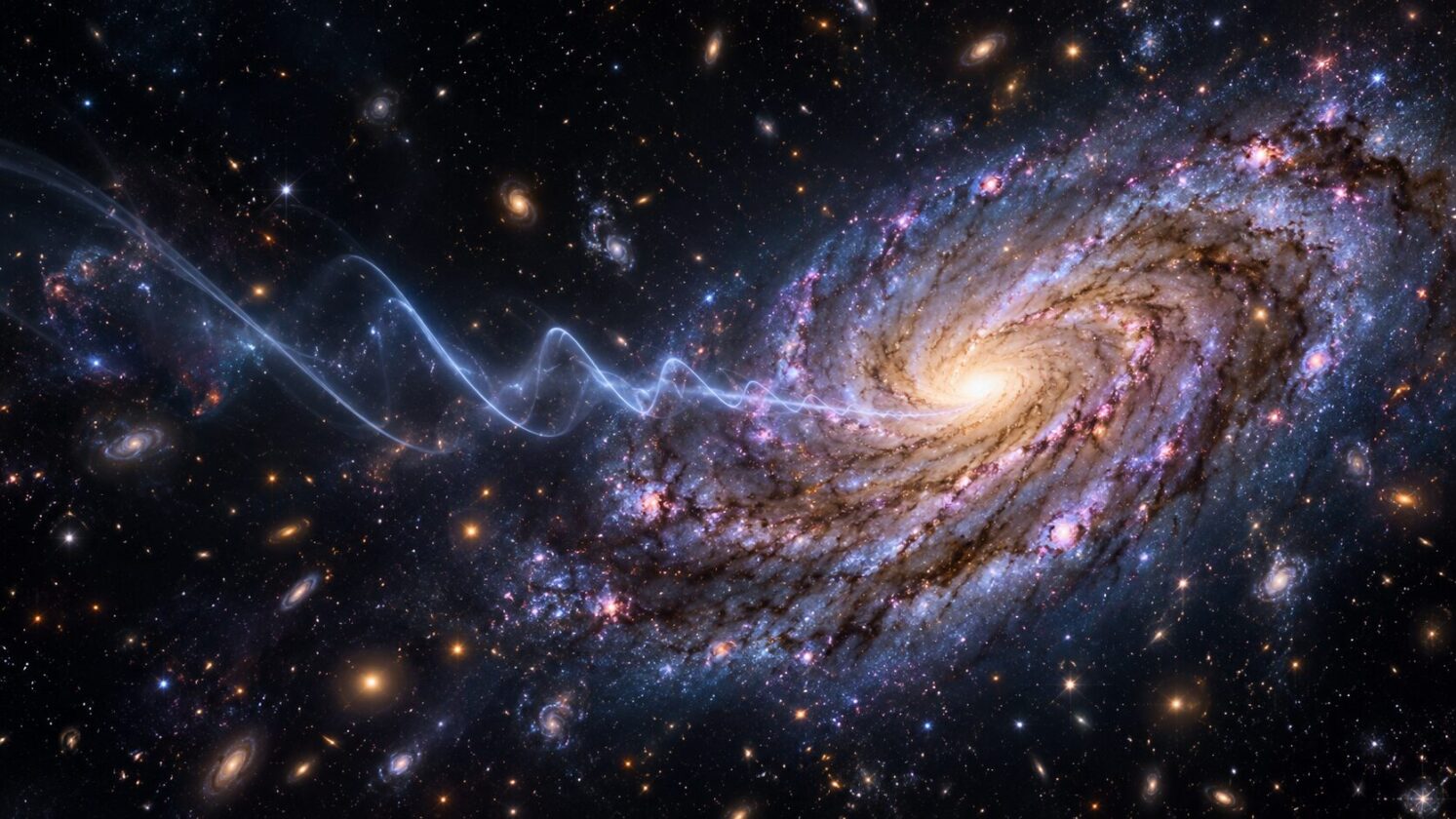 Imagem editorial para a matéria: Webb localiza galáxia hospedeira do fast radio burst mais distante já observado